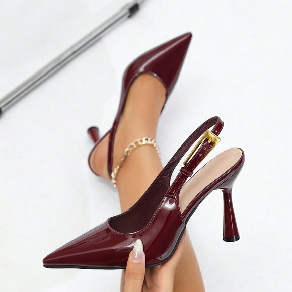 Women's Elegant  Pointed Toe High Heel Leather Slingback Shoes With Decor Buckle - Picture 1 of 6
